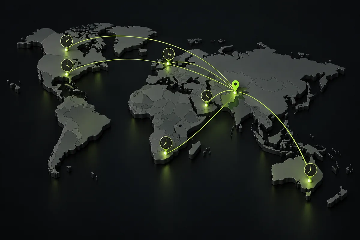 World map with Islamabad linked to Australia, the US, Canada, the UK, the UAE and South Africa