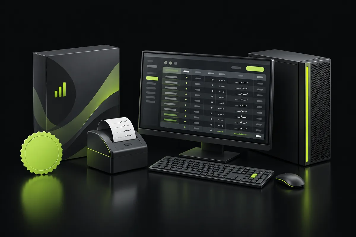 Boxed desktop software beside a PC running a ledger app with a receipt printer