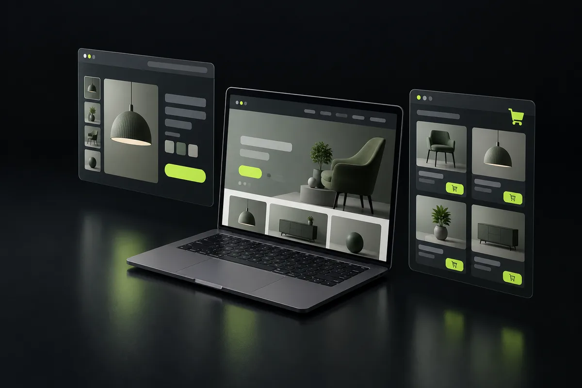 Laptop and browser windows showing a company website and an online store